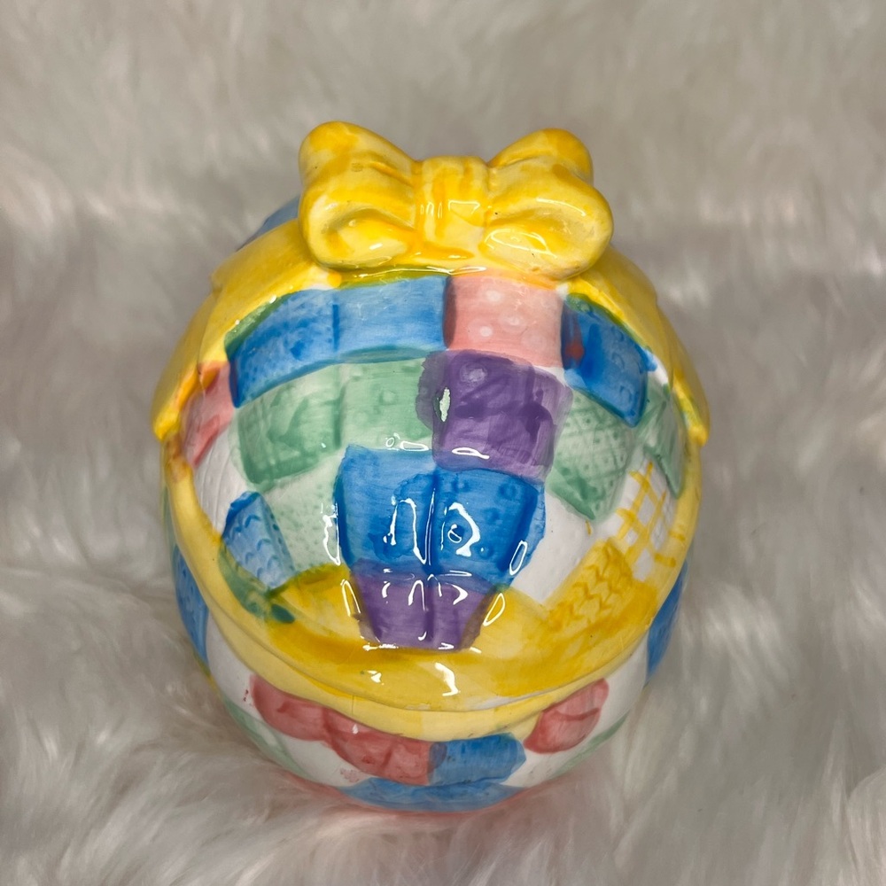Hermitage Pottery Easter Egg Quilt Patchwork Design Bow Box Ceramic